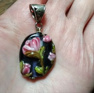 Handmade Pink Floral Glass Pendant  - Women Jewelry